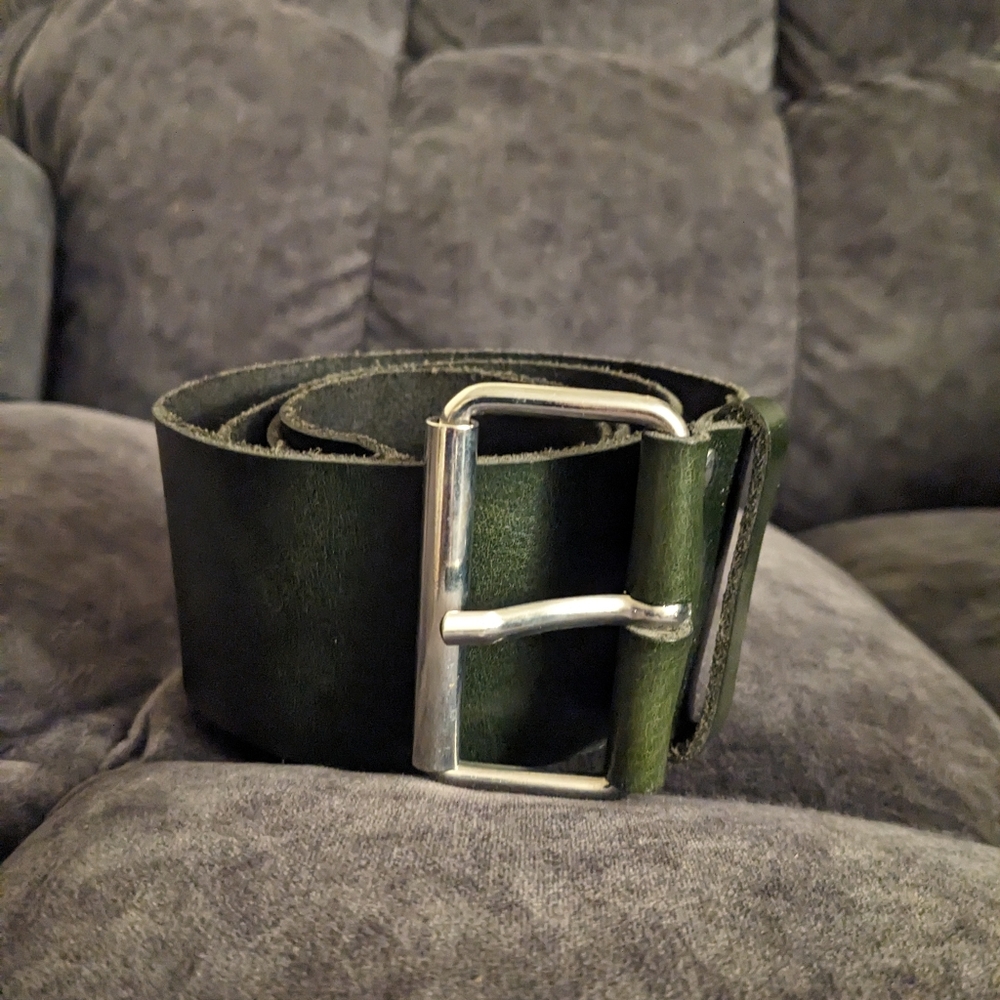 Wide Dark Olive Green Leather Belt Medium